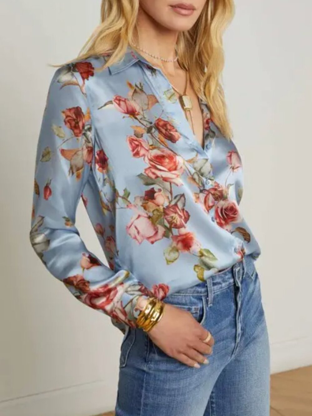L'AGENCE Tyler Floral Silk Light Blue Tapestry Blouse XS